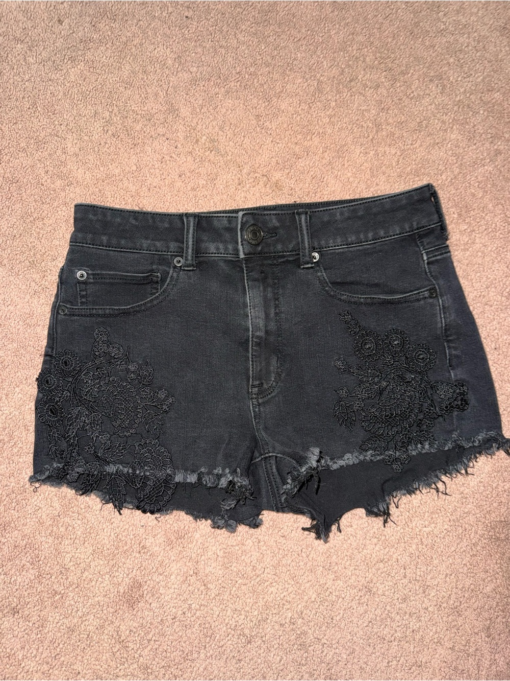 American Eagle Outfitters Black Embroidered Frayed Denim Shorts
